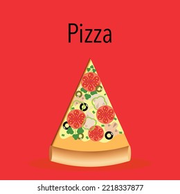 A big delicious slice of pizza on a bright red background.