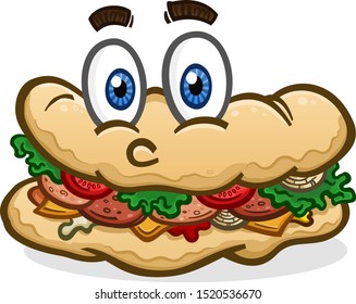 A big delicious sub, hoagie or po'boy with eyes and a face, topped with lunch meat, condiments and toppings