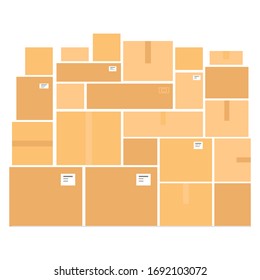 Big delivery bunch of goods in boxes. Parcel order delivered to customer. Carton boxes. Global transportation of goods, supplies, humanitarian aid during epidemic of coronavirus. Vector illustration