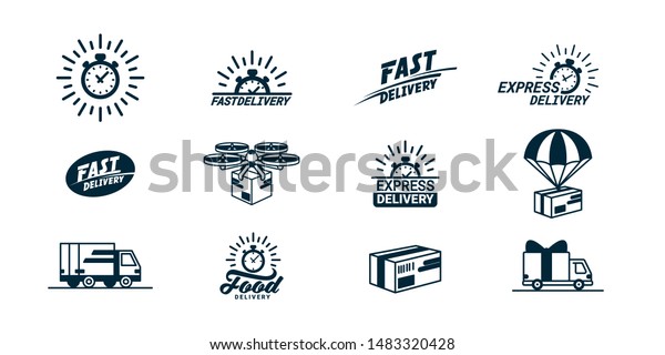 Big Delivery related\
monochrome Icons set. Logos with timer and fast, food, trucks,\
boxes and so on. Flat style vector illustration isolated on white\
background