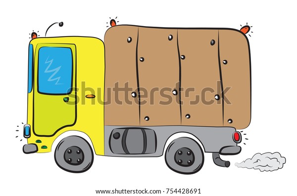 Big\
delivery truck with cargo crate driving on the\
road.