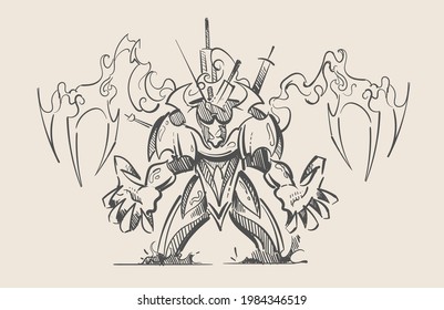 Big demon boss in armor with ghostly hands from the video game sketch
