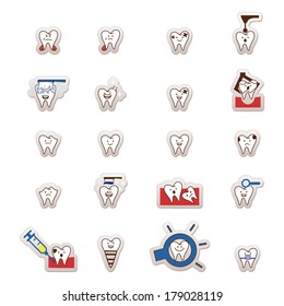 Big dental collection for your design. Many various vector cartoons - sad, happy, hipster tooth, etc. Illustrations for children dentistry about toothache and treatment.
