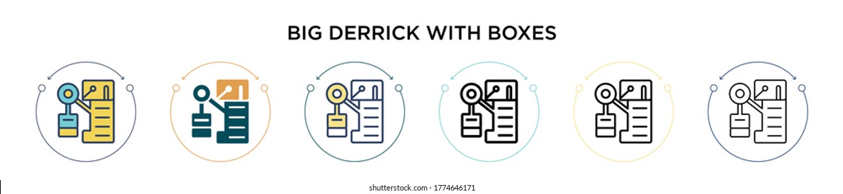 Big derrick with boxes icon in filled, thin line, outline and stroke style. Vector illustration of two colored and black big derrick with boxes vector icons designs can be used for mobile, ui, web