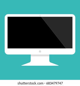 Big desctop computer with black empty screen on green background vector eps10. White desktop computer with black scree
