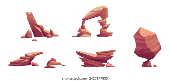 Big desert stone piles and cliff. Cartoon vector illustration set of west landscape brown rock and mountain. Game ui assets and elements of canyon formation and wall from rough boulder with texture.