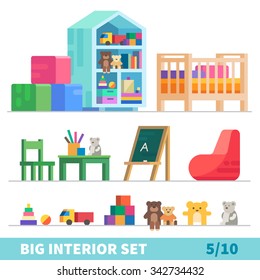 Big detailed Interior set. Children game room: toys, children's bed, chalk board, bag chair. Flat vector illustration set. 