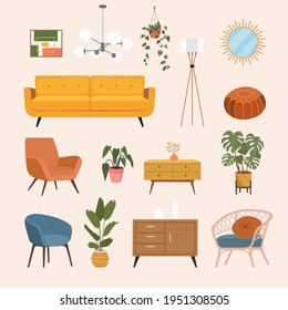 Big detailed Interior set. Cozy living room. Flat vector cartoon  illustration.