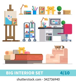 Big detailed Interior set. Cozy children room: art, easel, lamp, shelf with books and toy. Palette, plant, box. Computer table. Nice bed with bear toy. Comfortable armchair. Stock  flat vector set. 