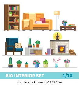 Big detailed Interior set. Cozy living room: nice couch, lamp, coffee table, cactus, fireplace, firewood, flower vases,  bookshelves, armchair. Flat vector stock illustration. 