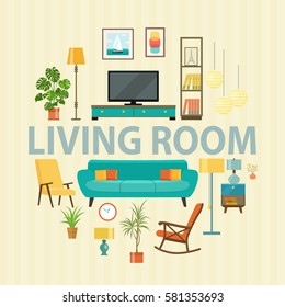 Big detailed Interior set. Cozy living room. Flat vector illustration.