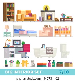 Big detailed Interior set. Mixed interiors : living room with bookshelf, couch, fireplace, coffee table, bedroom with bed, armchair, workplace with computer, bathroom, toilet. Flat vector stock set.