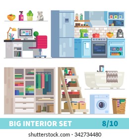 Big detailed Interior set. Mixed interiors: Workplace with computer, functional kitchen, wardrobe, laundry room with washing machine. Flat vector stock illustration, 