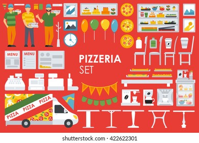 Big detailed Pizzeria Interior flat icons set. Menu, Refrigerator, Waiter, Chairs, Deliveryman, Tables. Pizza conceptual web vector illustration. 