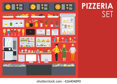 Big detailed Pizzeria Interior flat icons set. Menu, Refrigerator, Waiter, Glasses, Coffee, Computer. Pizza conceptual web vector illustration.
