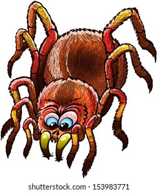 Big and determined tarantula with urticating hairs, long legs and bulging blue eyes while stopping its walk and attacking by furiously sinking its sharp fangs deeply into a surface