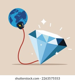 Big diamond with electric plug sucking energy. Modern vector illustration in flat style