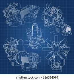 A big diesel engine depicted in contour lines on graph paper. The contours of the white line on the blue background