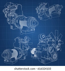 A big diesel engine depicted in contour lines on graph paper. The contours of the white line on the blue background