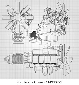 A big diesel engine with the truck depicted in the contour lines on graph paper. The contours of the black line on the grey background.