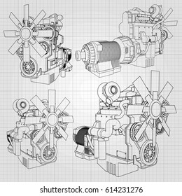 A big diesel engine with the truck depicted in the contour lines on graph paper. The contours of the black line on the grey background.