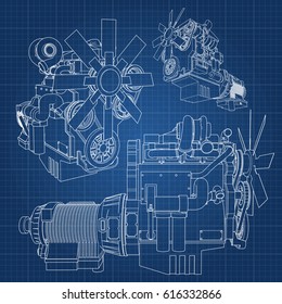 A big diesel engine with the truck depicted in the contour lines on graph paper. The contours of the black line on the blue background