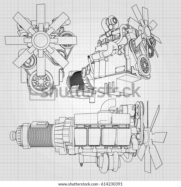A big diesel engine with the truck depicted\
in the contour lines on graph paper. The contours of the black line\
on the grey background.