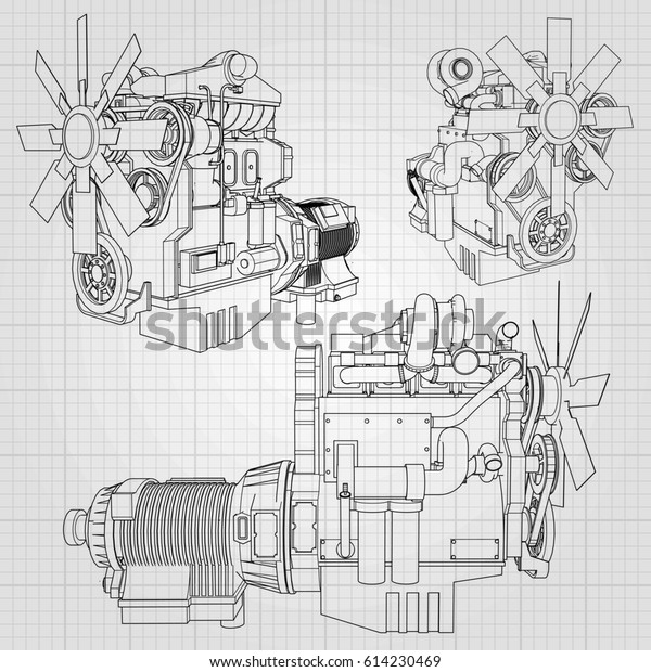 A big diesel engine with the truck depicted\
in the contour lines on graph paper. The contours of the black line\
on the grey background.