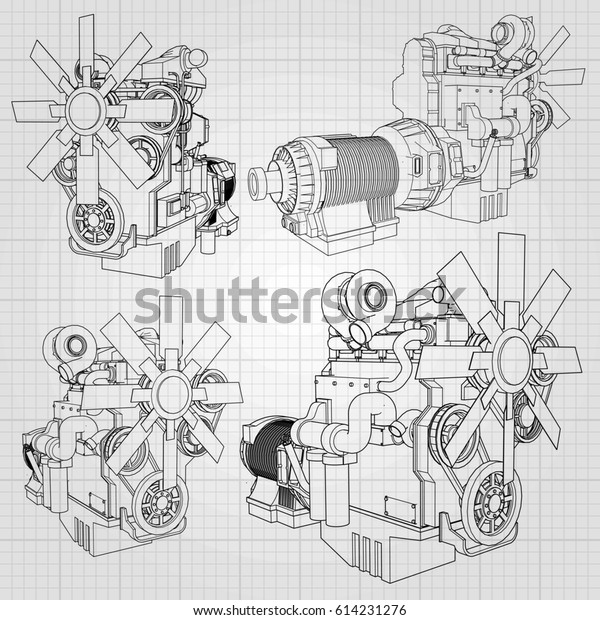 A big diesel engine with the truck depicted
in the contour lines on graph paper. The contours of the black line
on the grey background.
