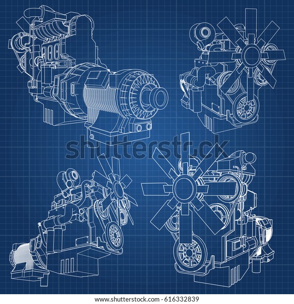 A big diesel engine with the truck depicted in\
the contour lines on graph paper. The contours of the black line on\
the blue background