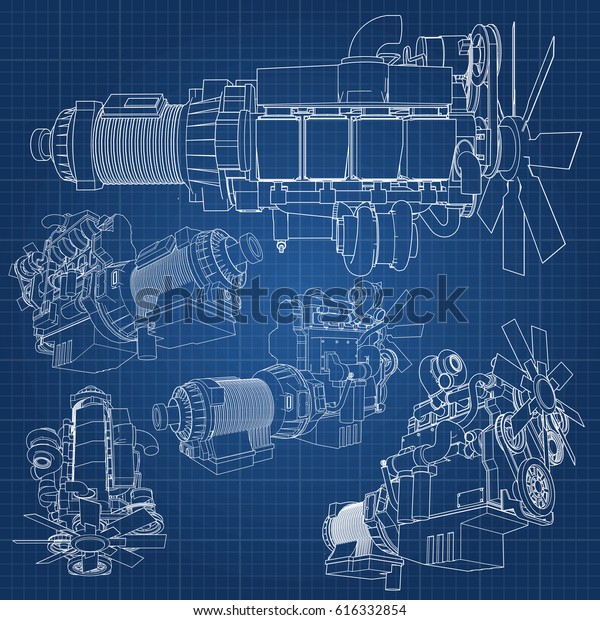 A big diesel engine with the truck depicted in\
the contour lines on graph paper. The contours of the black line on\
the blue background