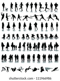 Big and different set of people silhouettes 7, vector