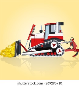 Big digger mines for golden coins for internet banners posters icon ground works flatten isolated illustration vector