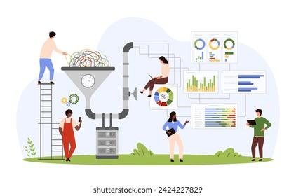 Big digital data analysis, classification and storage. Tiny people work with info conversion funnel to filter and research data flow in documents with charts and diagrams cartoon vector illustration