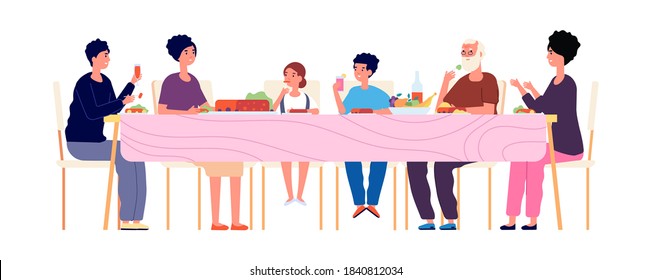 Big dinner. Diverse generations eating together, happy family lunch time. Weekend meeting, Thanksgiving or Christmas holidays vector concept
