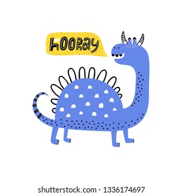 Big dino. Illustration with cute dragon. Baby design for birthday invitation or baby shower, poster, clothing, nursery wall art and card.