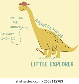 Grande explorador de dinossauros com chapéu e segurando uma lupa andando na floresta isolado na ilustração de fundo amarelo, design gráfico vetorial para vestuário, adesivos, cartazes, fundo e outros.