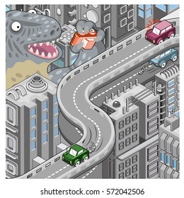 Big dinosaur monster eats car in freeway street scape (isometric cartoon)
