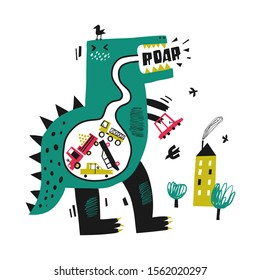 Big dinosaur screams and eats cars. Vector illustration in childish style. Can be used print print for t-shirts, home decor, posters, cards.