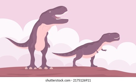 Big dinosaur tyrannosaurus rex of the Jurassic period. Two predators on the hunt. Carnivorous lizard. Prehistoric strong hunter. Wild landscape. Cartoon vector illustration