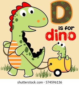 big dinosaurs pull his little baby with wagon, vector cartoon illustration