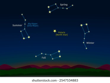 Big Dipper pelas estações. Principais posições sazonais da Ursa. primavera, verão, outono, céu de inverno. Encontre a estrela do norte, a localização polaris. Fundo do céu noturno. Ilustração vetorial
