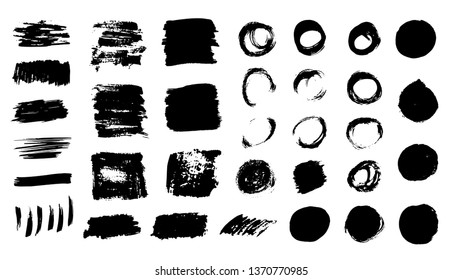 Big dirty ink texture collection. Acrylic paint brush stroke, messy texture, grungy backdrop. Artistic design elements for any purpose. Vector illustration isolated on white background.