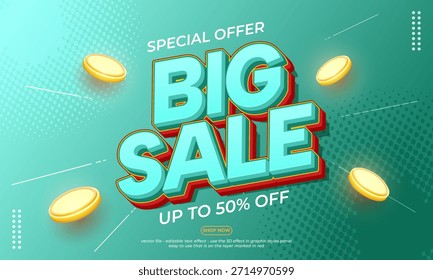 Gran descuento 50% Cartel de oferta especial o Anuncio con fuente de venta grande 3D sobre fondo azul. La fuente de texto es editable