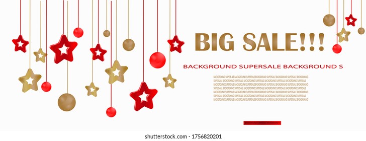 Big discount banner with hanging gold and red baubles on a white background. Vector illustration. Winter holiday geometric decorations