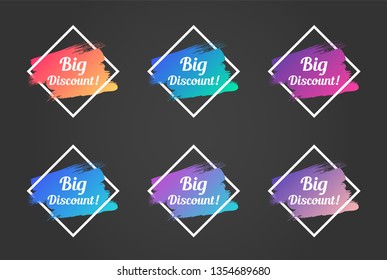 big discount color promo phrase. big discount stock vector illustrations with painted gradient brush strokes over rhombus frames for advertising labels, stickers, banners, leaflets, tags, posters