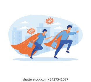  Big discount Concept. Customer, people with shop bags flying like super hero.  flat vector modern illustration 