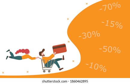 Big discount concept. A joyful young couple with a bank card is running like a superhero with a car for big purchases. Urgent new year sale, flat cartoon vectort new year sale.Black Friday Big Sale.