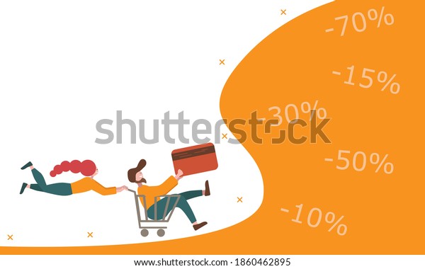 Big discount concept. A joyful young couple with a\
bank card is running like a superhero with a car for big purchases.\
Urgent new year sale, flat cartoon vectort new year sale.Black\
Friday Big Sale.
