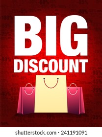 Big discount design and shopping bag with percentage red gradient background.